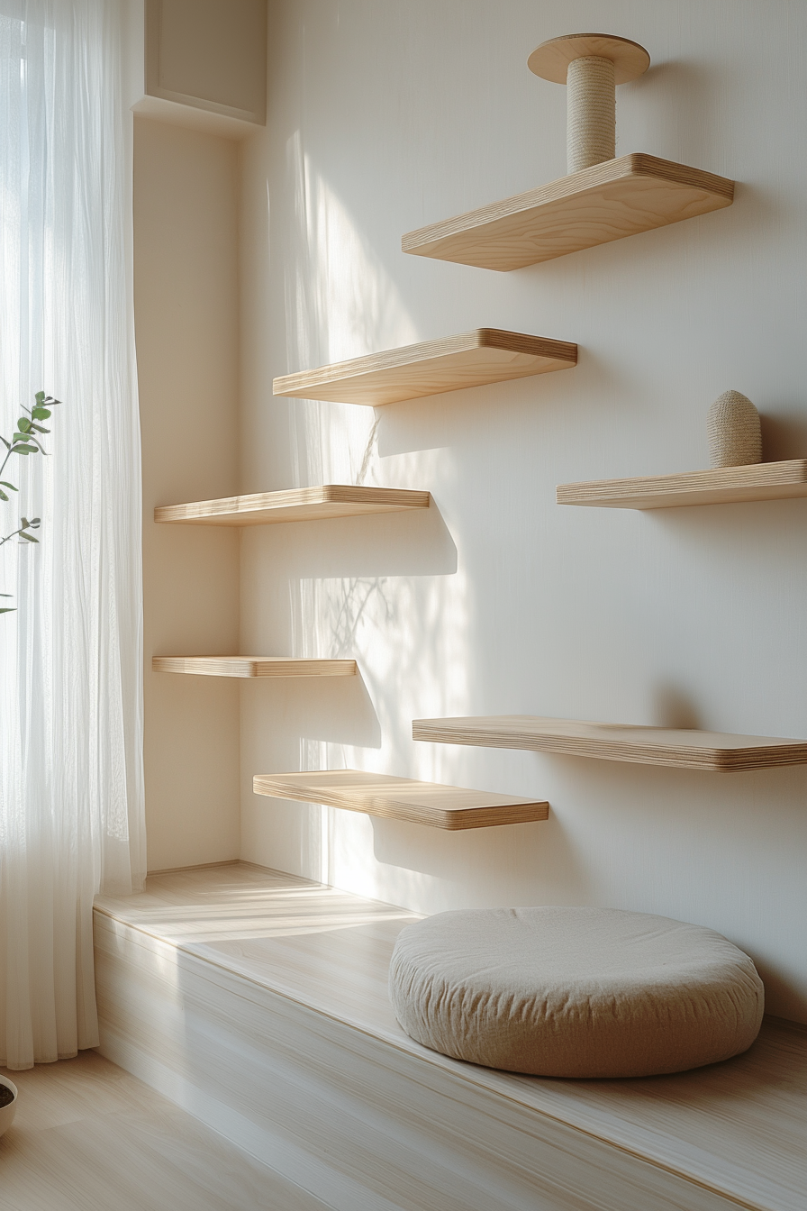 Smooth wooden cat shelves mounted asymmetrically in a neutral-toned room.