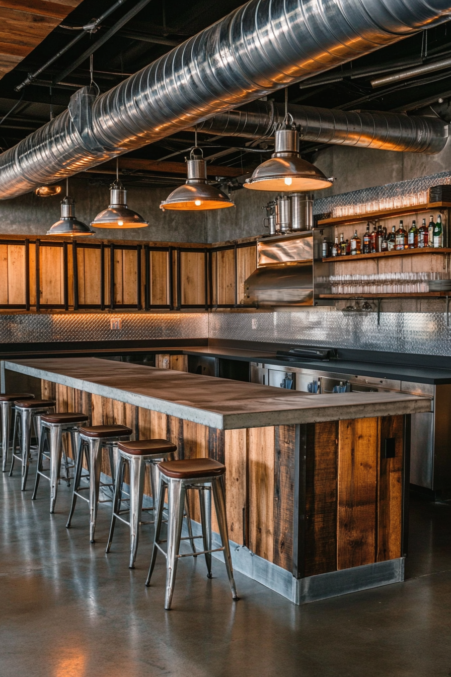 A kitchen with metal beams, reclaimed wood cabinets, and concrete countertop.