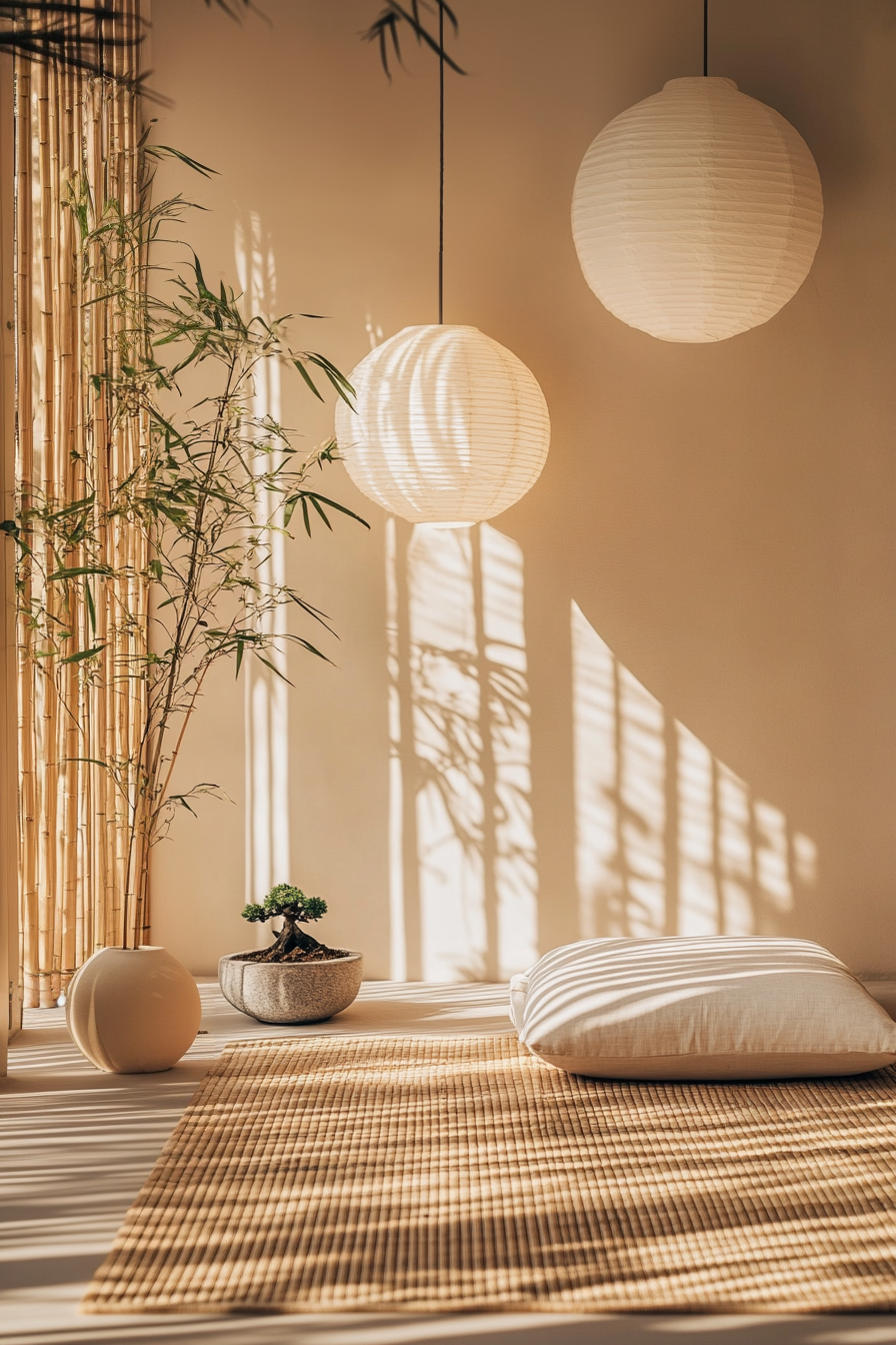 A minimalist room with bonsai trees, bamboo planters, and a meditation cushion.