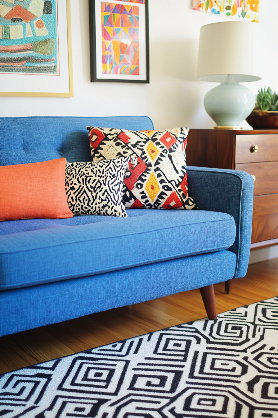 A colorful living room with a blue sofa, patterned pillows, and a vintage credenza.