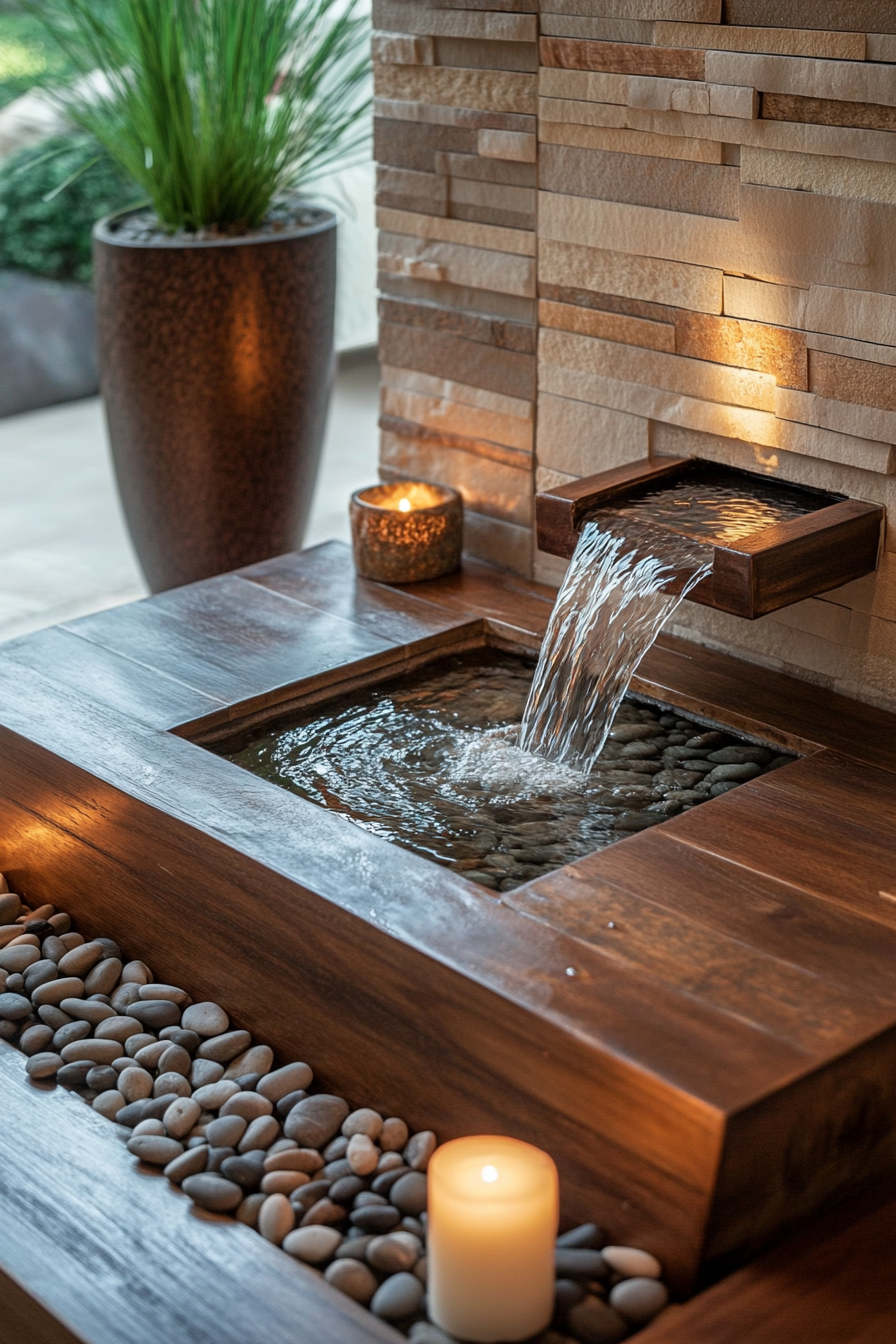 A low wooden table with a small built-in fountain, pebbles, and candles.