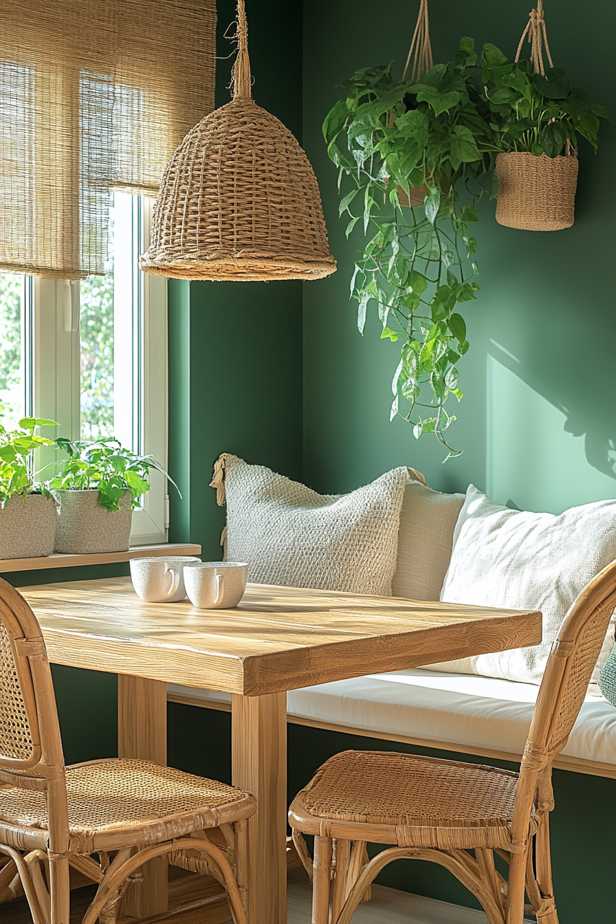 A wooden table, wicker chairs, and a green accent wall with hanging plants.