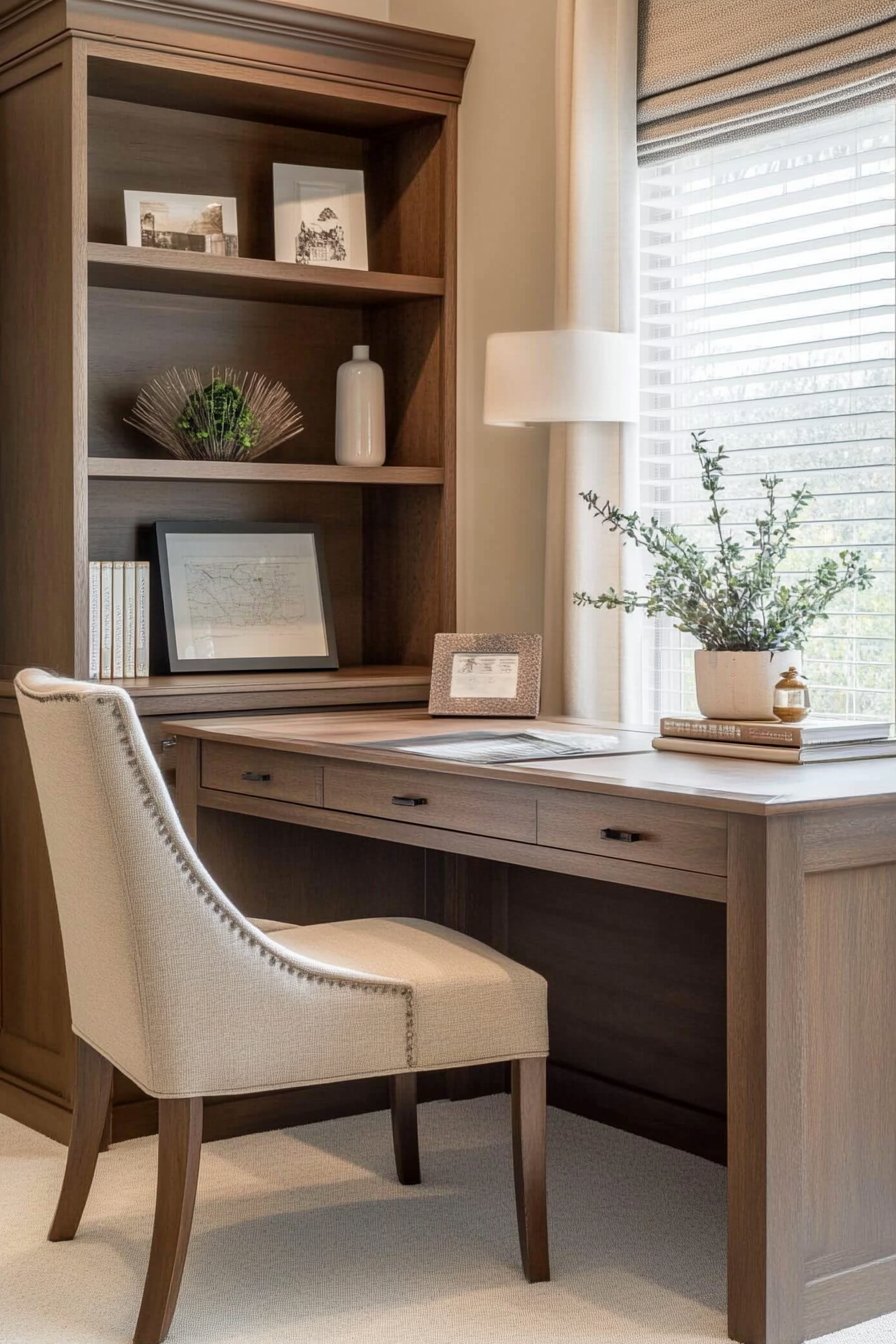 A home office with a wooden desk, neutral upholstered chair, and open shelving.