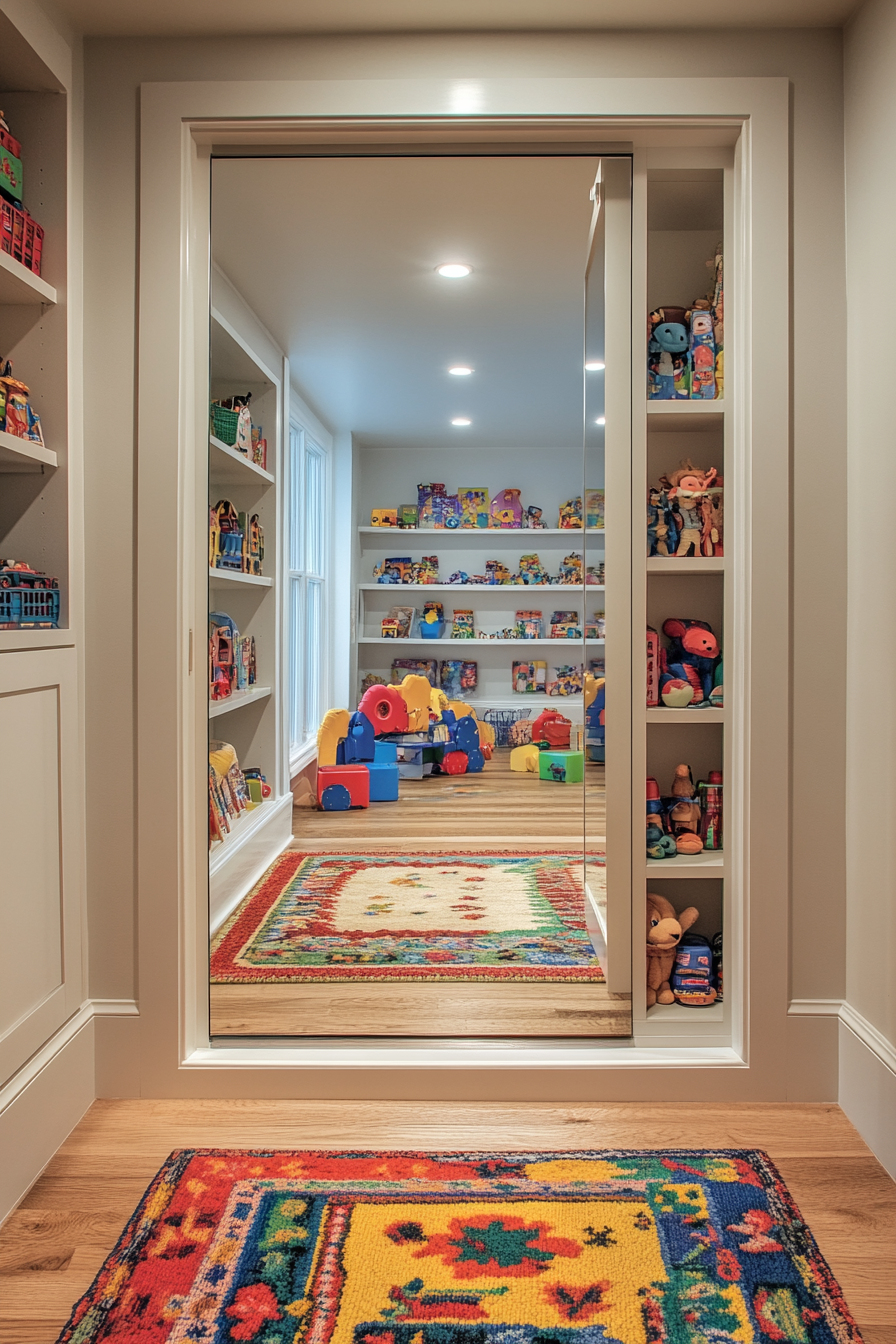 A hallway with a full-length mirror that opens to reveal a hidden playroom.