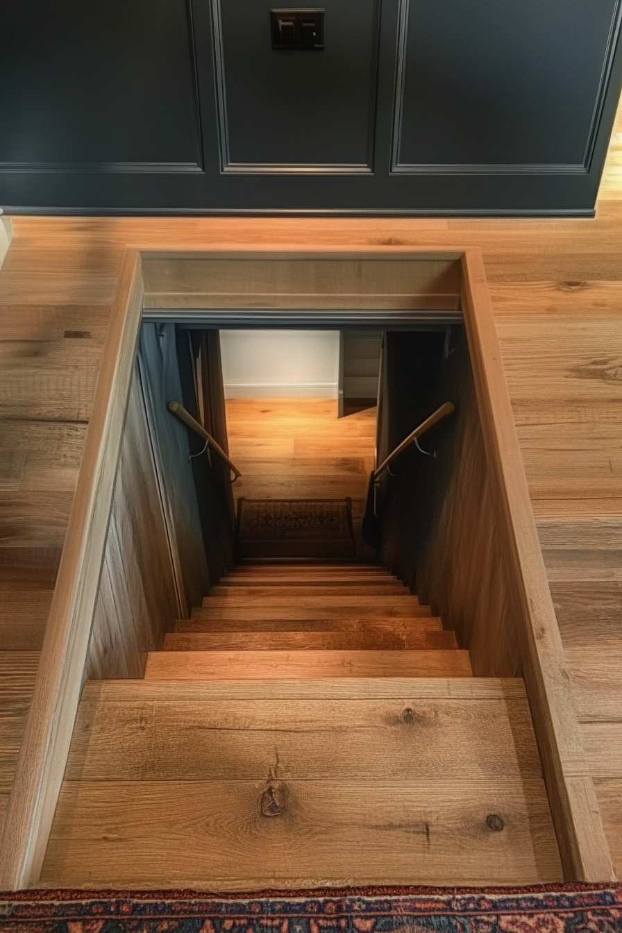 A staircase with a trap door leading to a hidden basement room with shelves and workspace.