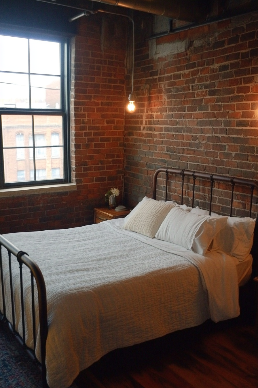 A bedroom with an exposed brick wall, metal-framed bed, and vintage lighting.