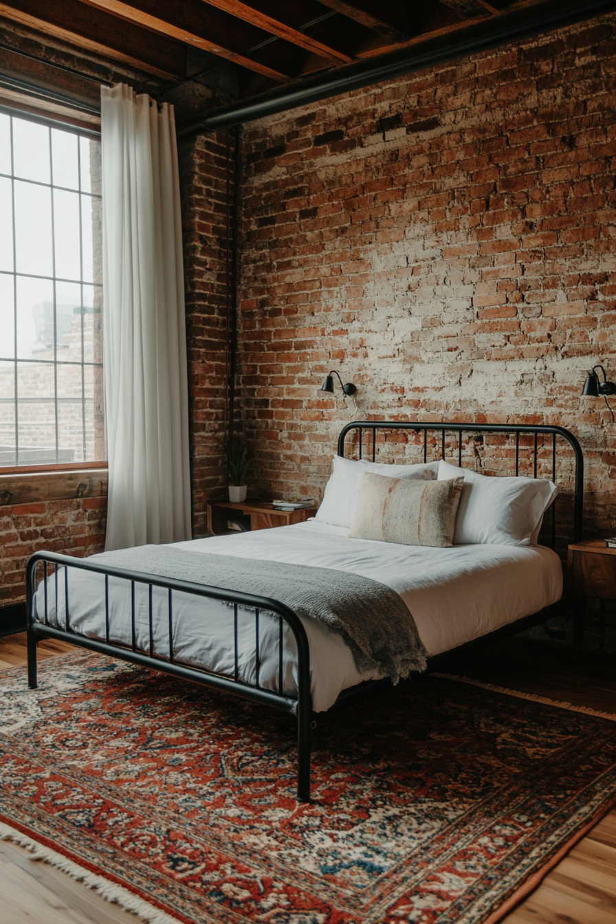 An industrial guest room with exposed brick walls, a metal bed frame, and wooden side tables.