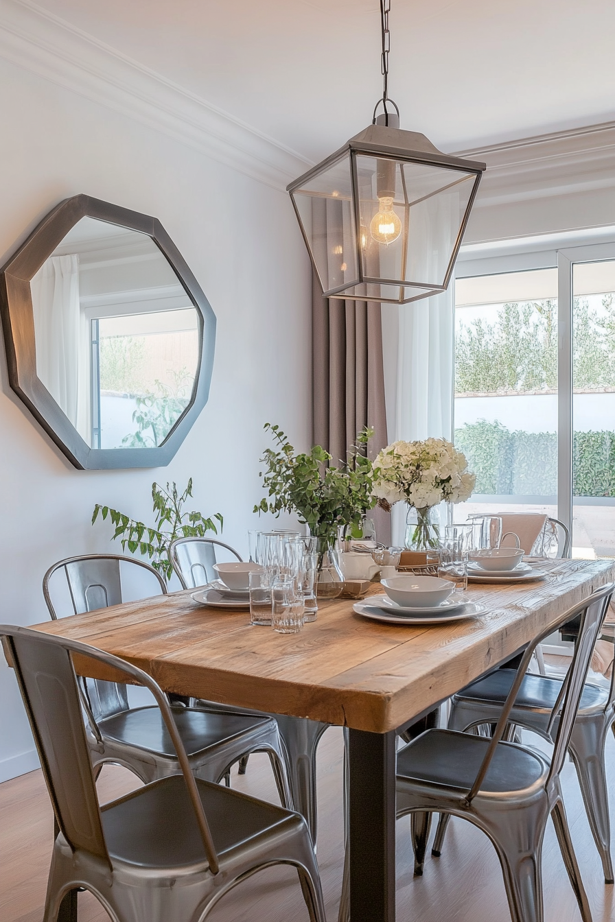 A dining room with a rustic table, metal chairs, and a vintage mirror.