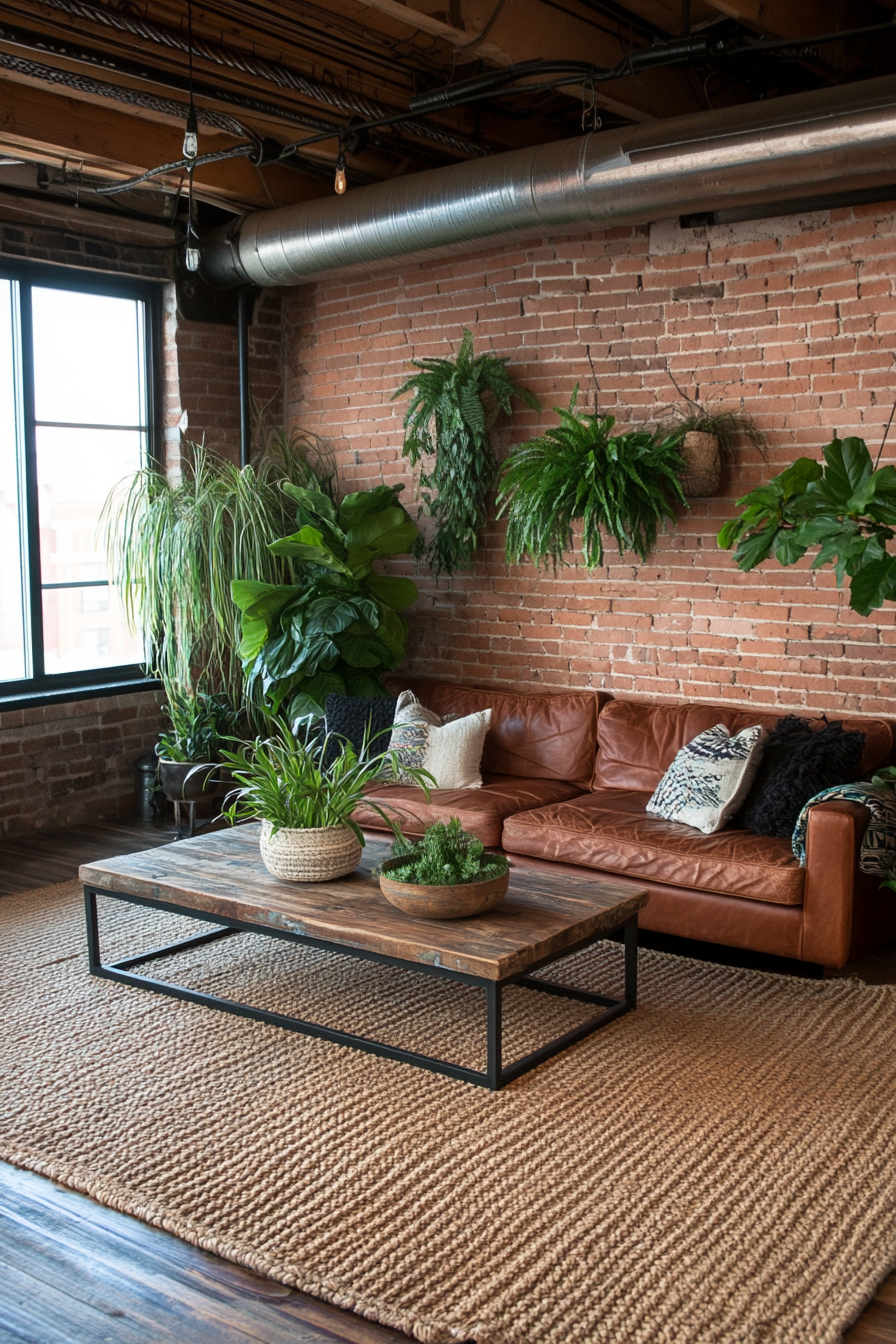 An eclectic living room with a leather sofa, exposed brick walls, and boho accents.
