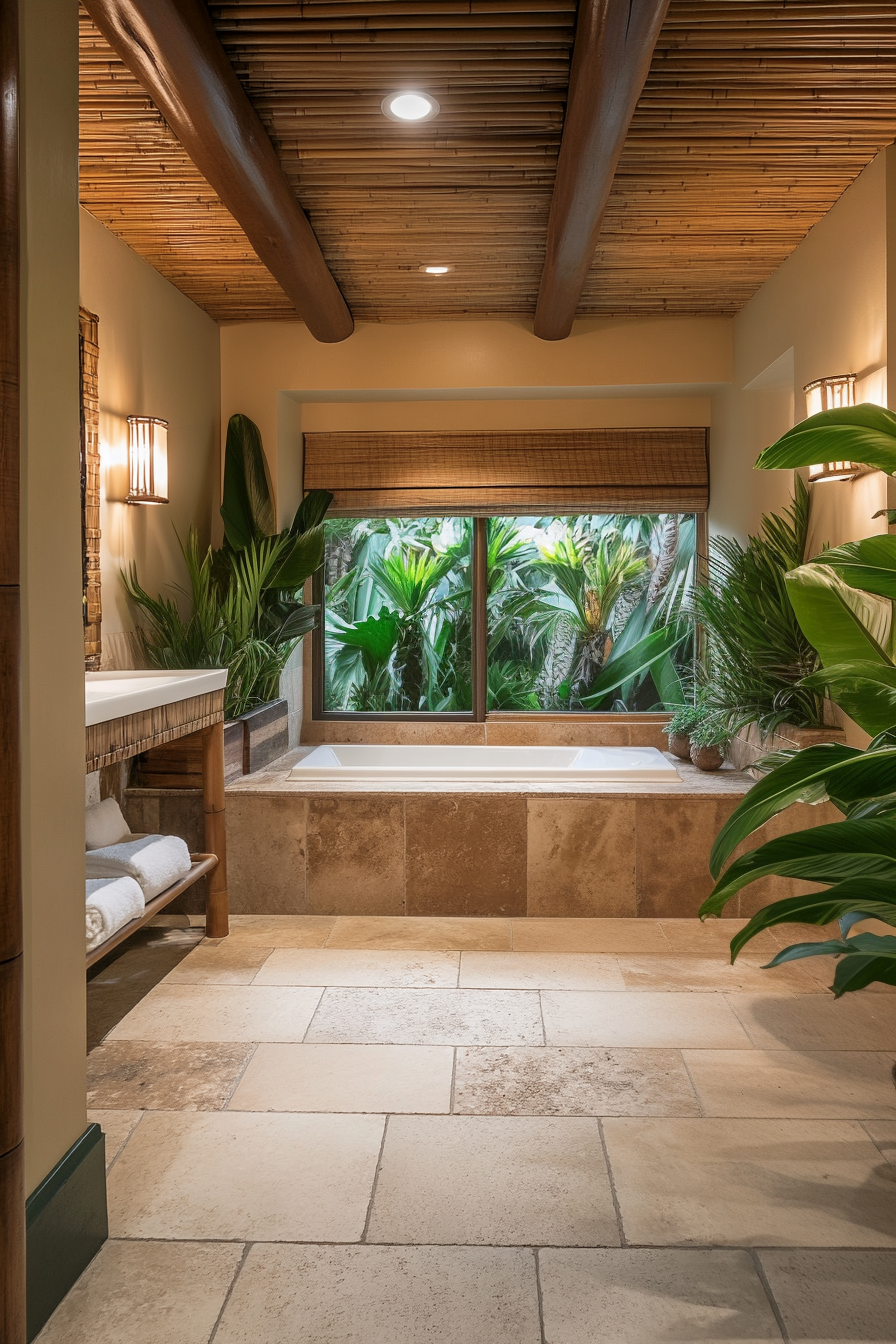 A tropical spa bathroom with bamboo accents and a large soaking tub.