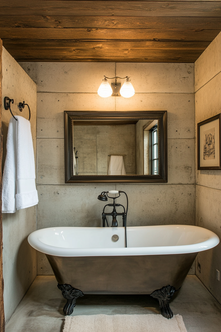 A bathroom with concrete walls, a steel-framed mirror, and minimalist fixtures.