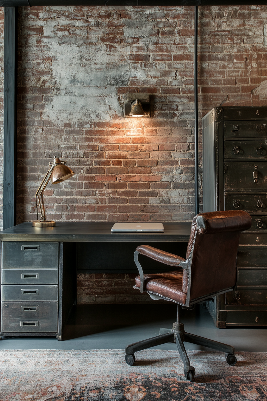 A home office with a metal desk, antique filing cabinet, and brick wall.