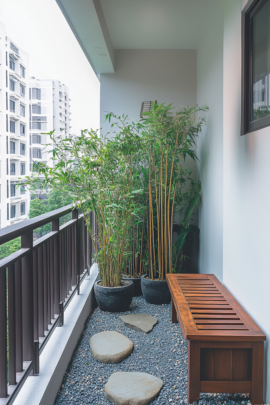 A small balcony with potted bamboo, raked gravel bed, and wooden bench.