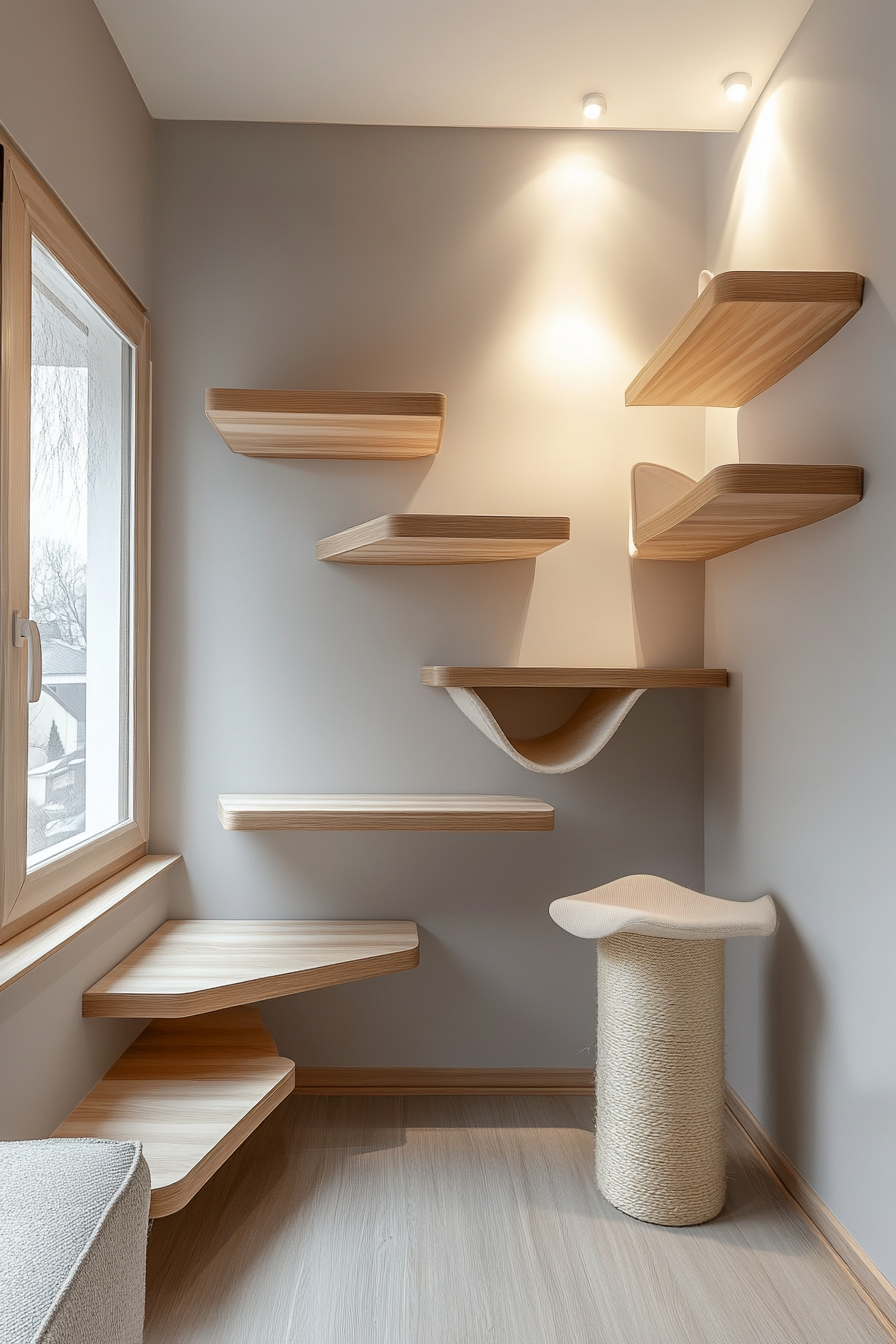 Cat shelves running along two intersecting walls.