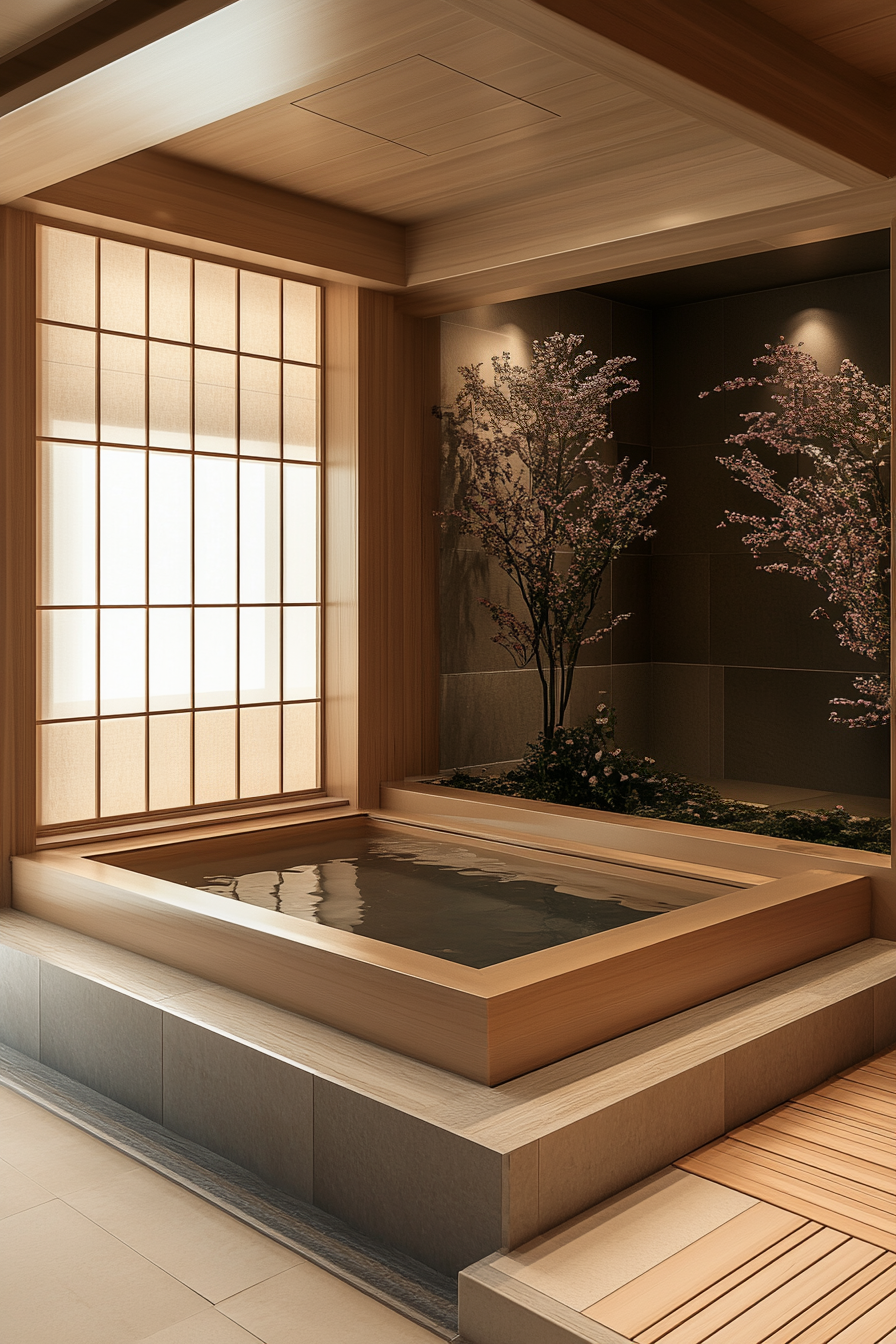 A Japanese-inspired spa bathroom with a sunken tub and tatami mats.