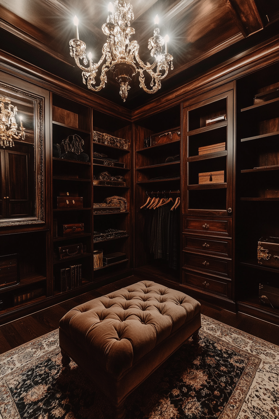 A vintage-style closet with dark wood shelving, a chandelier, and a tufted ottoman.